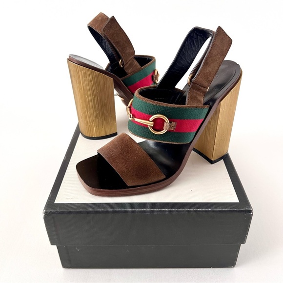 GUCCI || Querelle Horsebit Web stripe Suede Chunky Gold High Heel Sandal EU 38 - Picture 1 of 15
